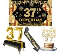 37th Birthday Decorations Men Women with 37th Birthday Banner, Black and Gold Table Cloth, Number Balloons, Large Sash, Cake Topper and Candles