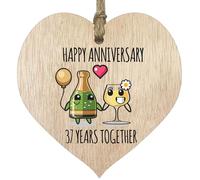 37th Wedding Anniversary Plaque Gift for Husband Wife - 37 Years Together - Happy 37 Year Anniversary Wooden Heart for Women Men Partner, Light Wood Sign Keepsake Gifts