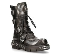 New Rock Unisex Flame Accented Black/Silver Leather Biker Boots- 107-S2 - Size EU 38