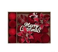 38 Pcs Christmas Tree Ornaments Set with Flocking Flowers and Balls, Shatterproof Plastic, Red Green White Mix, Hang for Holiday Decor, Wreaths(Deep Red)