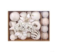 38 Pcs Christmas Tree Ornaments Set with Flocking Flowers and Balls, Shatterproof Plastic, Red Green White Mix, Hang for Holiday Decor, Wreaths(White)