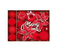 38 Pcs Christmas Tree Ornaments Set with Flocking Flowers and Balls, Shatterproof Plastic, Red Green White Mix, Hang for Holiday Decor, Wreaths(Red)