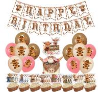 38 Pcs Highland Cow Birthday Decorations Kit - Unique Designs Banner, Balloons, Cake Topper, Cupcake Toppers - Pink Brown Theme Party Decor Supplies