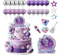 38 Pcs K-Pop Music Theme Cake Topper Set, Purple Korean Pop Music Cupcake Toppers with Disco Ball Guitar Microphone Star Heart Cake Picks, Musical Note Birthday Party Cake Decorations Supplies