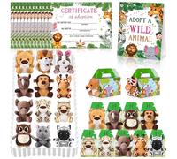 38 Pcs Safari Jungle Party Favors Include 12 Foldable Paper Boxes 12 Forest Mini Stuffed Animals 12 Adoption Cards 1 Adoption Signs 1 Fence for Jungle Party Supplies Adopt a Jungle Animal Favors