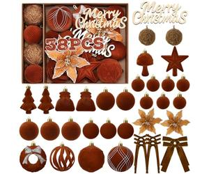 38 PCS Velvet Christmas Tree Ornaments Sets - Blended Brown Christmas Tree Decor Assortment Includes Various Flocked Balls, Velvet Bows, Sparkling Flowers, Star Toppers, Wooden Xmas Sign Craft, Hooks
