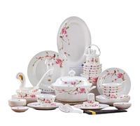 38-Piece Dinnerware Set for 6, White Porcelain with Pink Floral Bird Pattern, Includes Dinner Plates, Bowls, Soup Tureen, Spoons, Anti-Scald Design