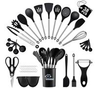 38 Pieces Kitchen Utensils Set, BEWOS Silicone Cooking Utensils Set with Spatula, Utensil Holder and Measuring Spoons, Nonstick Heat Resistant, Black Kitchen Gadgets, Stainless Steel Handle