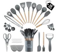 38 Pieces Kitchen Utensils Set, BEWOS Silicone Cooking Utensils Set with Spatula, Utensil Holder and Measuring Spoons, Nonstick Heat Resistant, Grey Kitchen Gadgets, Wooden Handle