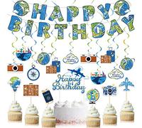 38 Pieces Travel Theme Birthday Party Decorations The Place You'll Go Birthday Banner Let the Adventure Begin Hanging Swirls Bon Voyage Cake Toppers for Birthday Baby Shower Party Supplies