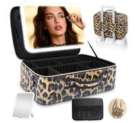 38 X 30cm Large Makeup Bag with Removable Lighted Mirror, Professional Travel Make up Bag with Mirror and Light Cosmetic Train Case Organizer, PU Leather with Adjustable Dividers & Brush Storage Board