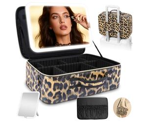 38 X 30cm Large Makeup Bag with Removable Lighted Mirror, Professional Travel Make up Bag with Mirror and Light Cosmetic Train Case Organizer, PU Leather with Adjustable Dividers & Brush Storage Board
