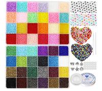 38500pcs 2mm Glass Seed Beads for Jewelry Making Kit, 260pcs Alphabet Letter Beads,Tiny Set for Bracelets Making DIY Art and Craft with Rolls of Elastic String Cord, Charms and Rings(48 Colors)