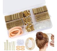385Pcs Hair Pins and Bobby Pins Set, 100 Brown Waved Hair Pin(50pcs L+75pcs S), 150 U Shaped Hair-Pins, 100 Clear Elastic Hairs Bands, 6 Bun Nets, 4 Scrunchies, Brown Bun Kit with Box(COLOR:Gold)