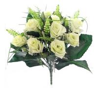 38cm Artificial Silk Ivory Rose & Grass Bush with Gyp & Foliage - 12 flower heads- Wedding Grave Home Decoration