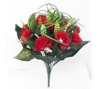 38cm Artificial Silk Red Rose & Grass Bush with Gyp & Foliage - 12 flower heads- Wedding Grave Home Decoration
