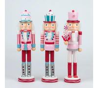 38cm Pink Candy Cane Wooden Christmas Nutcrackers - 3pcs Set - Soldiers King Puppet Figurines Xmas Home Decoration Ornament
