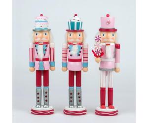 38cm Pink Candy Cane Wooden Christmas Nutcrackers - 3pcs Set - Soldiers King Puppet Figurines Xmas Home Decoration Ornament