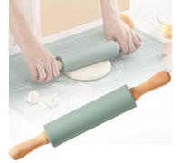 38cm Silicone Rolling Pin with Non-Stick Surface Coating & Beech Handle, Kitchen Rolling Pins, Wooden Baking Roller for Dough, Pizza, Pastry, Fondant, Pastries, Cookie, Playdough, Blue