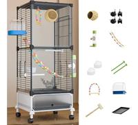 38in Large Bird Cage Parakeet Cage With Rolling Stand, Outdoor Double-layer Cockatiel Bird Aviary With Tray, Iron Flight Bird Cage For Budgies, Finches, Quaker(Black iron netting,6 piece set)