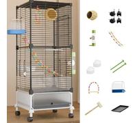 38in Large Bird Cage Parakeet Cage With Rolling Stand, Outdoor Double-layer Cockatiel Bird Aviary With Tray, Iron Flight Bird Cage For Budgies, Finches, Quaker(Black iron netting,11 piece set)