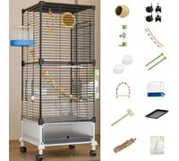 38in Large Bird Cage Parakeet Cage With Rolling Stand, Outdoor Double-layer Cockatiel Bird Aviary With Tray, Iron Flight Bird Cage For Budgies, Finches, Quaker(White iron netting,11 piece set)
