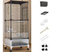 38in Large Bird Cage Parakeet Cage With Rolling Stand, Outdoor Double-layer Cockatiel Bird Aviary With Tray, Iron Flight Bird Cage For Budgies, Finches, Quaker(Black Transparent,11 piece set)
