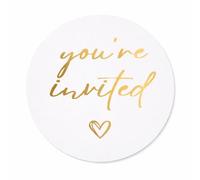 38mm You're Invited Stickers - White & Metallic Gold Foil Invitation Seals for Wedding, Birthday, Christening, Baby Shower & Party Envelopes - Pack of 50