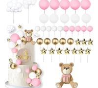 38Pcs Bear Cake Decoration, Baby Shower Cake Topper, Bear Balls Cake Decoration, Boho Bears Cupcake Toppers, Bears Theme Birthday Gender Reveal Baby Shower Party Supplies, Pink