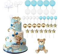 38Pcs Bear Cake Decoration, Baby Shower Cake Topper, Bear Balls Cake Decoration, Boho Bears Cupcake Toppers, Bears Theme Birthday Gender Reveal Baby Shower Party Supplies, Blue