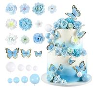 38Pcs Butterfly Balls Cake Decorations Blue Artificial Flowers Cake Toppers Butterflies Cake Decors for Floral Birthday Bridal Shower Blue Wedding Cake Decorations Butterfly Party Decortaions