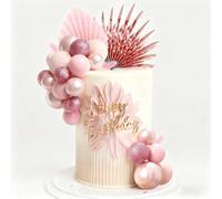 38Pcs Cake Decorations Pink Balloon Cake Topper with Paper Palm Fan Cake Decorations DIY Birthday Party Dessert Decoration for Wedding Birthday Anniversary Holiday