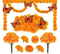 38pcs Day of The Dead Decorations Set, Include 2 Artificial Marigold Garland,30 Marigold Flowers with Stem, 6 Pcs Monarch Butterfly Decoration for Dia De Los Muertos Indian Diwali Decor (Orange)