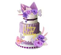 38Pcs Flower Cake Decorations - Happy Birthday Toppers, Butterfly Purple Palm Leaves, Bohemian Style for DIY Parties