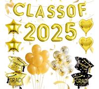 38PCS Graduation Balloons Set CLASS OF 2025 Foil Letter Banner, Congrats Star Heart Balloons, Gold Foil Graduation Decorations for Grad Party Decorations