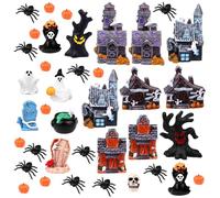 38Pcs Halloween Village Accessories Set LED Haunted House Village Set Halloween Miniature Figurines Miniature Tombstones Mini Resin Skulls Spiders Ghost Figurines Crafts Kit for Hallo-ween Party Decor