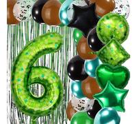 38pcs Pixel Number 6 Balloon Set, Large Foil Video Round Square Heart Star Balloons and Rain Curtain Backdrop Decoration, Game Themed Mining Green Party Supplies for Kids Adults Birthday Anniversary