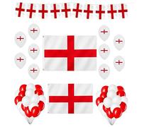 38Pcs Set England St George Party Pack for FIFA 2026 World Cup - 8x5Ft England Flag, 5x3Ft St George Flag, 10M/33Ft 25 Flags Bunting, 10 Printed Balloons and 25 Red White Balloons Decorations
