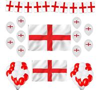 38Pcs Set England St George Party Pack for FIFA 2026 World Cup - 8x5Ft England Flag, 5x3Ft St George Flag, 10M/33Ft 25 Flags Bunting, 10 Printed Balloons and 25 Red White Balloons Decorations