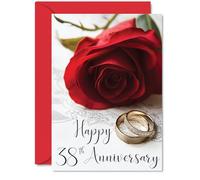 38th Anniversary Card for Women and Men, Gold Rings Red Rose