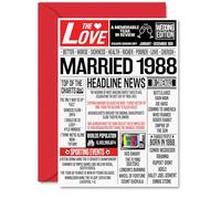 37th Anniversary Cards for Men Women - Married 1988 Newspaper - Happy 37 Wedding Anniversary Card for Husband Wife Aunt Uncle Vintage Retro 1988, A5 Greeting Cards