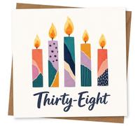 38th Birthday Card, 5 Patchwork Candles and Thirty-Eight | Mark their 38th with five bright patchwork candles and bold handwritten “Thirty-Eight” script on a crisp white front.