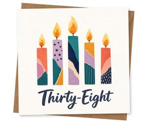 38th Birthday Card, 5 Patchwork Candles and Thirty-Eight | Mark their 38th with five bright patchwork candles and bold handwritten “Thirty-Eight” script on a crisp white front.