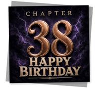 38th Birthday Card for Her, Chapter 38 Purple Lightning | Dramatic purple lightning with striking gold-style Chapter 38 lettering and Happy Birthday message for her 38th.