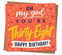 38th Birthday Card for Her, Coral Confetti Lettering | Bright coral background with sprinkle confetti and the words “Oh my god you’re Thirty-Eight” plus “Happy Birthday!” for her