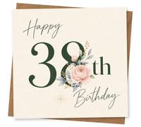 38th Birthday Card for Her, Green, Pink Peony | Large dark green 38th numbers with soft pink flowers and delicate script wording-stylish for her 38th birthday.