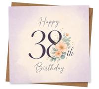 38th Birthday Card for Her, “Happy Birthday” Floral | Features “Happy 38th Birthday” in stylish script with soft pastel blooms and leafy sprigs for her milestone celebration.