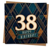 38th Birthday Card for Her, Navy & Gold Geometric