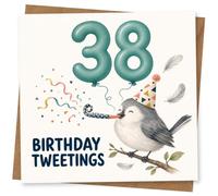 38th Birthday Card for Her, Party Bird, 38 Balloons, Confetti | Brighten her 38th with a party bird, balloon number 38, scattered confetti and bold “Birthday Tweetings” text.