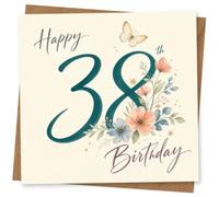 38th Birthday Card for Her, Pastel Blooms & Butterfly | Elegant for her 38th with soft pastel blooms, butterfly detail and ‘Happy 38th Birthday’ on the front.